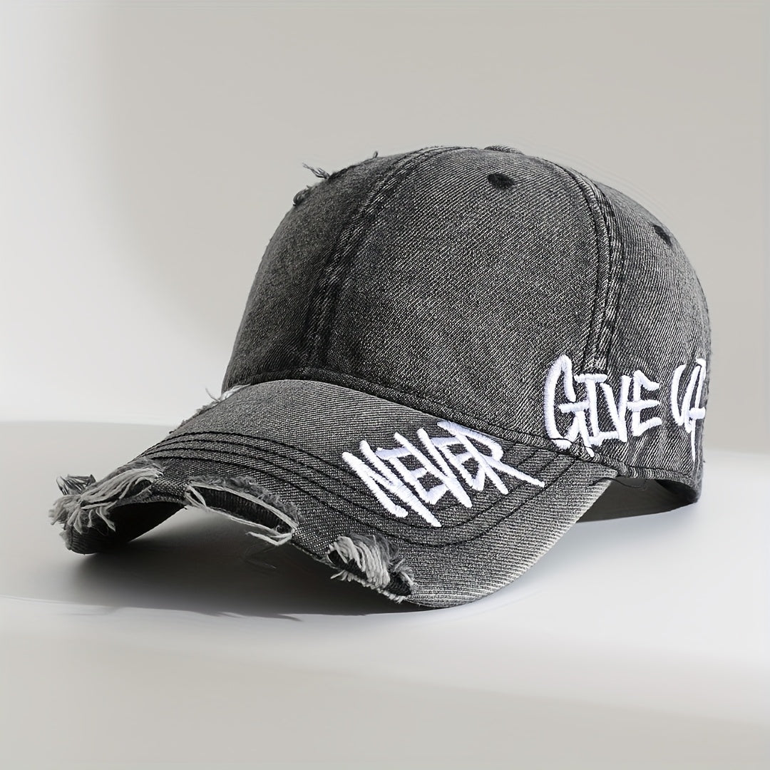 Never Give Up | Distressed Denim Cap