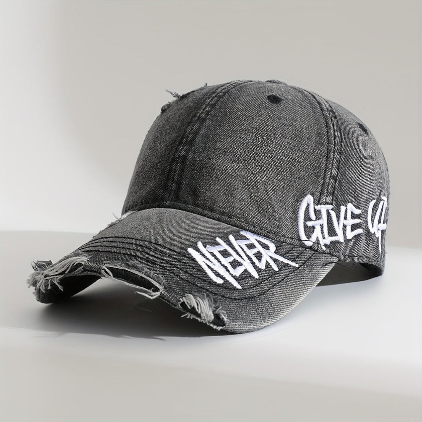 Never Give Up | Distressed Denim Cap