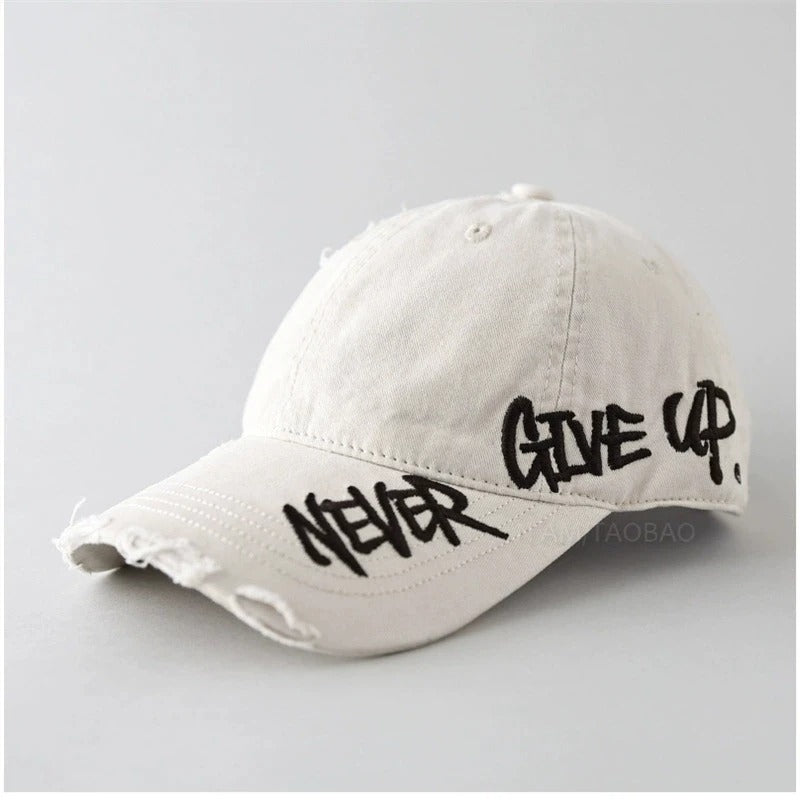 Never Give Up | Distressed Denim Cap