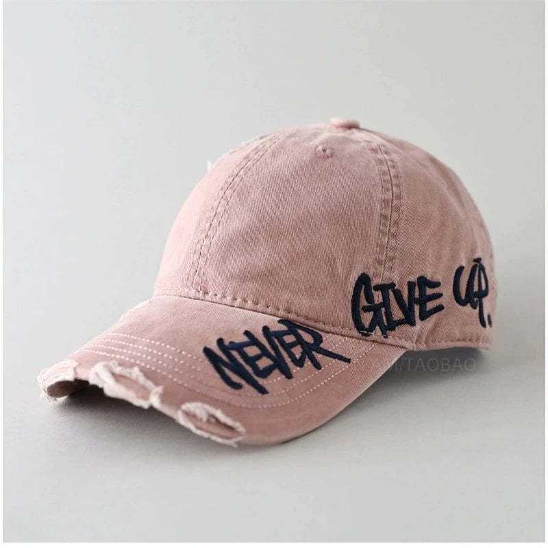 Never Give Up | Distressed Denim Cap